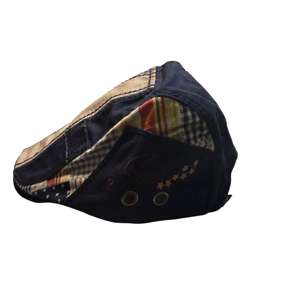 Yangguan Patchwork Flat Cap Navy Blue Plaid Ivy Newsboy Hat Mixed Pattern Star